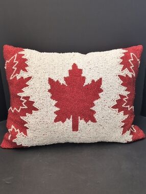 Pier 1 Imports,Red/White Beaded Pillow With Canadian Maple Leaf Design.